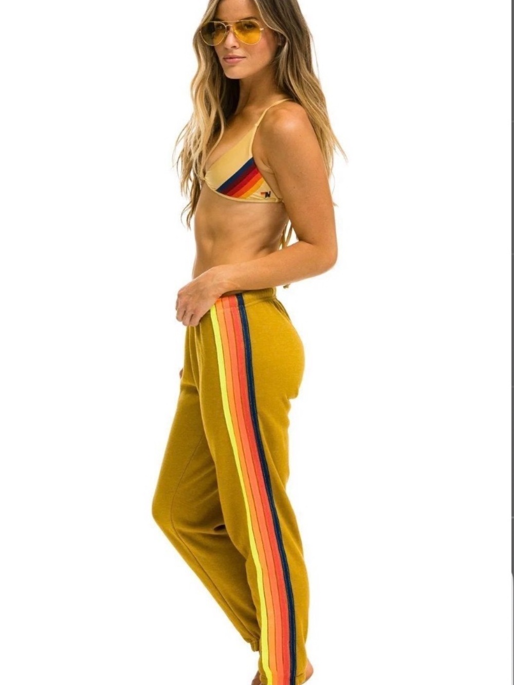 Aviator Nation women’s 5 Stripe sweatpants Honey Neon Rainbow Blue stripes